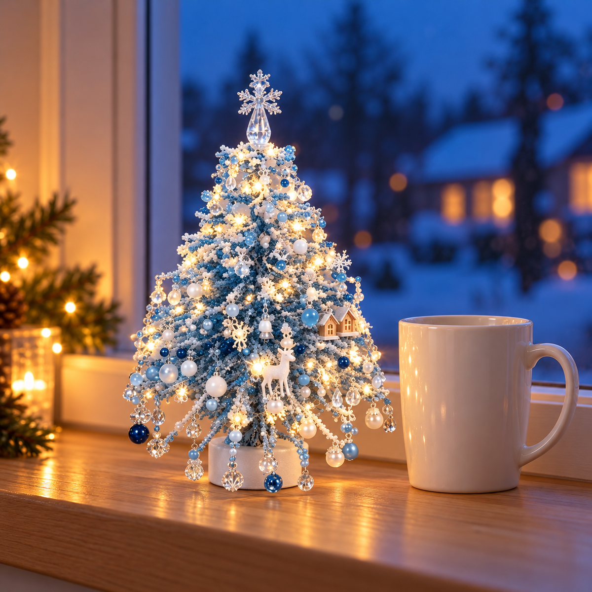Árbol de cuentas Ornabeads, diseño Invierno, encendido junto a una taza
