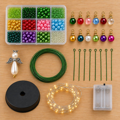 Contenido del kit: cuentas, colgantes, alambre, ángel, base y luces LED