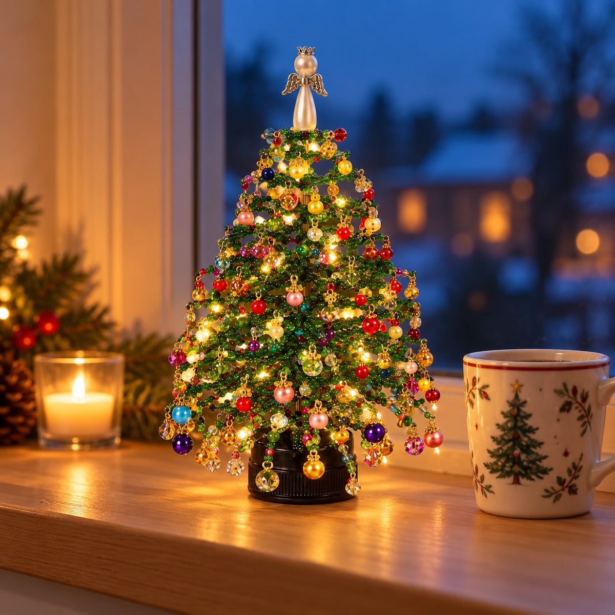 Árbol de cuentas Ornabeads, diseño Navidad, encendido junto a una taza